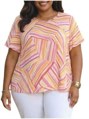 Alfred Dunner Plus Size 3X Top Patch Striped Gold Accent Neckline Colorful